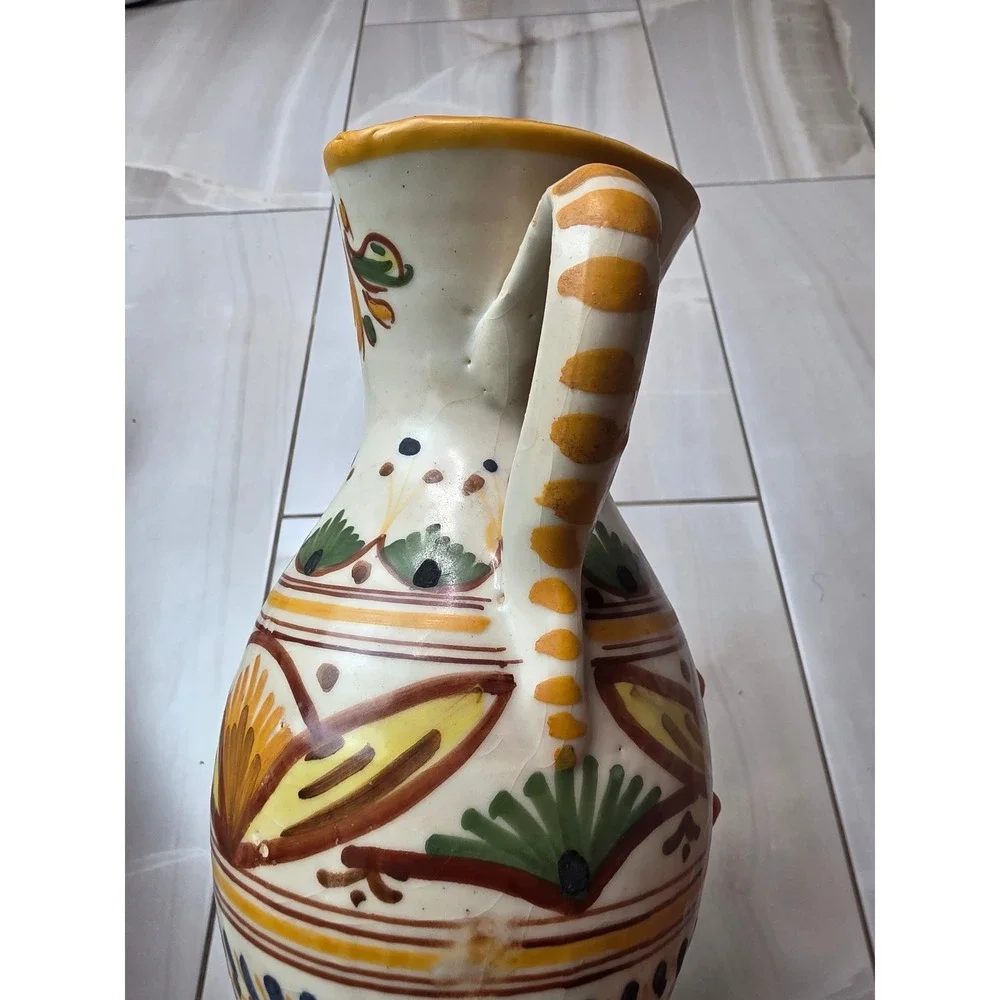 Vintage Toledo G.M. Spanish Hand‎ Painted Ceramic Pitcher Pottery Spouted Jug E1